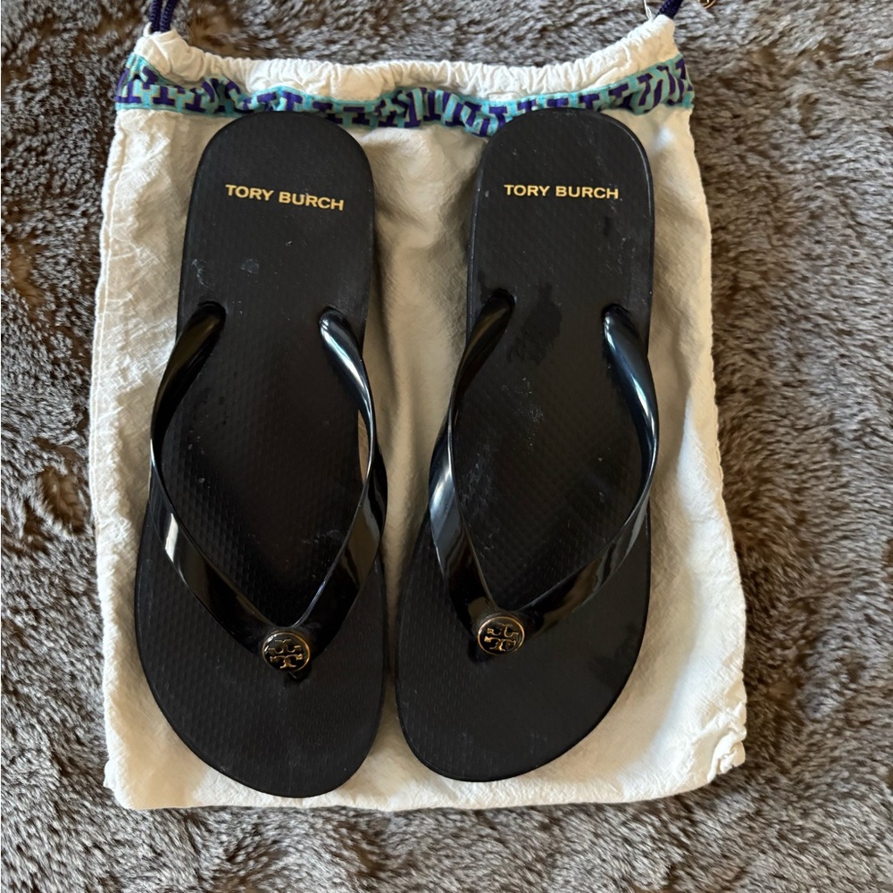 Tory Burch Black Flip Flops with Logo Detail